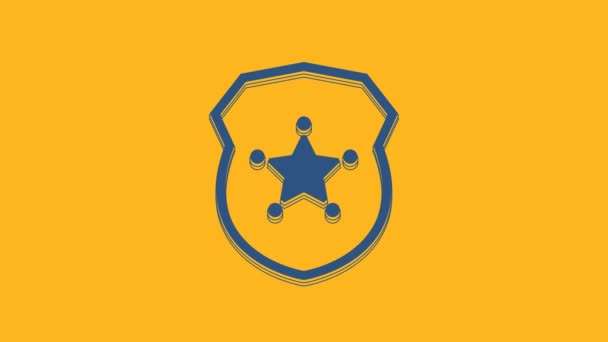 Ícone de crachá azul da polícia isolado no fundo laranja. Assinatura do distintivo do xerife. Animação gráfica em movimento de vídeo 4K. - Filmagem, Vídeo