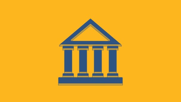 Blaues Gerichtsgebäude-Symbol isoliert auf orangefarbenem Hintergrund. Bank oder Museum bauen. 4K Video Motion Grafik Animation. - Filmmaterial, Video