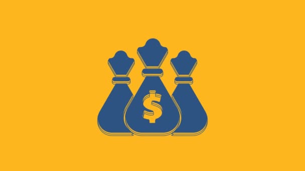 Blue Money bag icon isolated on orange background. Dollar or USD symbol. Cash Banking currency sign. 4K Video motion graphic animation. - Imágenes, Vídeo