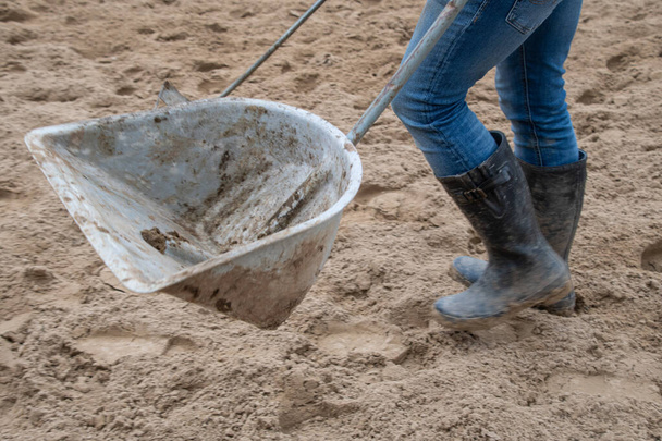 uros sulhanen vakaa käsi puhdistus hevoset lantaa alueilta  - Valokuva, kuva