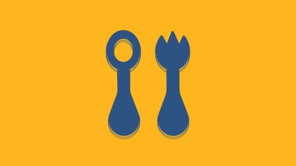 Blue Baby plastic cutlery with fork and spoon icon isolated on orange background. Cutlery for kid. Childrens dining items. 4K Video motion graphic animation. - Footage, Video