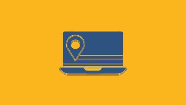 Blue Laptop with location marker icon isolated on orange background. 4K Video motion graphic animation. - Filmati, video