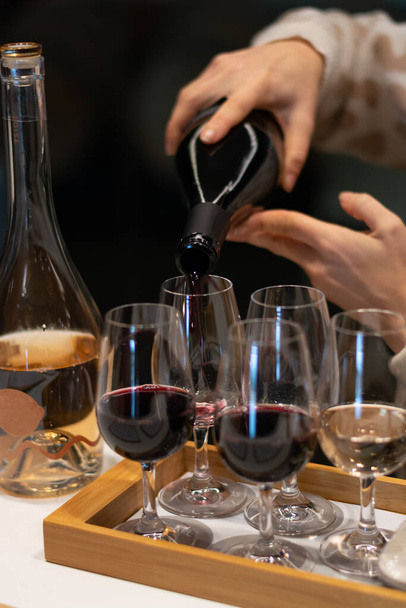 Tasting of variety of rioja wines, visit of winery cellars with french or american oak barrels with agening red wine, Rioja wine making region, Spain - Φωτογραφία, εικόνα