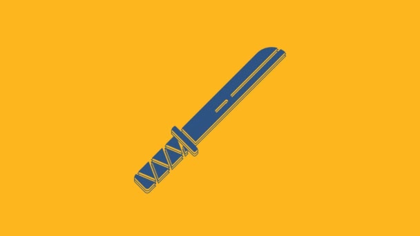 Azul Icono tradicional japonés de katana aislado sobre fondo naranja. Espada japonesa. Animación gráfica de vídeo 4K. - Metraje, vídeo