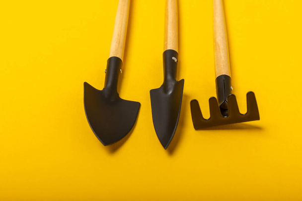 Garden tools on a yellow background, top view. Garden shovels and rakes. Concept of gardening, landscaping and hobby. Place for text. - Photo, Image