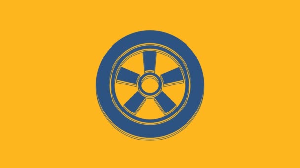 Icono de la rueda del coche azul aislado sobre fondo naranja. Animación gráfica de vídeo 4K. - Metraje, vídeo