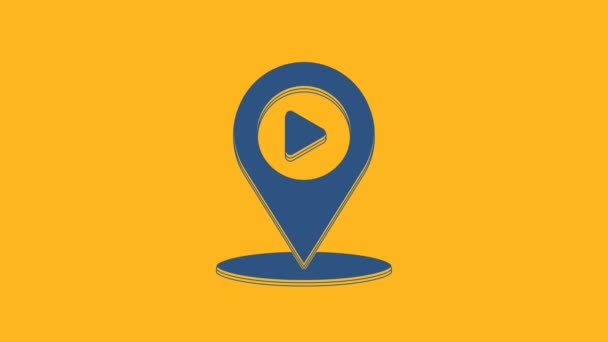 Reproducción de medios digitales azules con el icono de ubicación de pin aislado sobre fondo naranja. Animación gráfica de vídeo 4K. - Metraje, vídeo