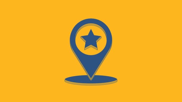 Puntero Mapa Azul con icono de estrella aislado sobre fondo naranja. Estrella icono de mapa pin favorito. Marcadores de mapa. Animación gráfica de vídeo 4K. - Metraje, vídeo