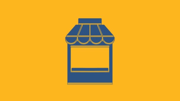 Edificio dello shopping blu o icona del negozio isolato su sfondo arancione. Costruzione negozio. Animazione grafica 4K Video motion. - Filmati, video