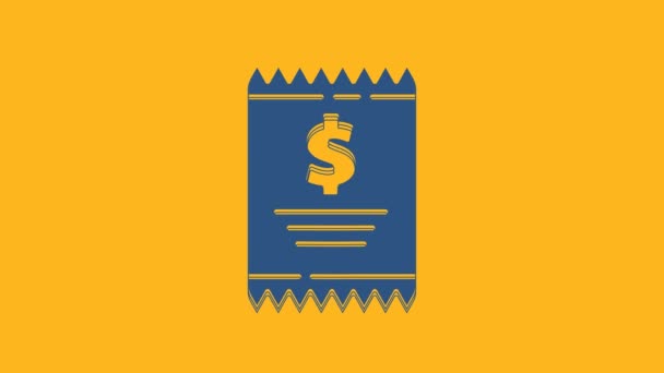 Blue Paper check und Finanzcheck-Symbol isoliert auf orangefarbenem Hintergrund. Papierdruck-Scheck, Kaufbeleg oder Rechnung. 4K Video Motion Grafik Animation. - Filmmaterial, Video