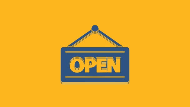 Blue Hanging sign with text Open door icon isolated on orange background. 4K Video motion graphic animation. - Materiał filmowy, wideo