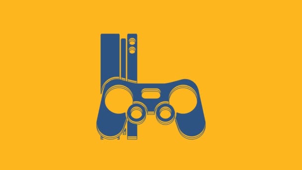 Console blu per videogiochi con icona joystick isolata su sfondo arancione. Animazione grafica 4K Video motion. - Filmati, video