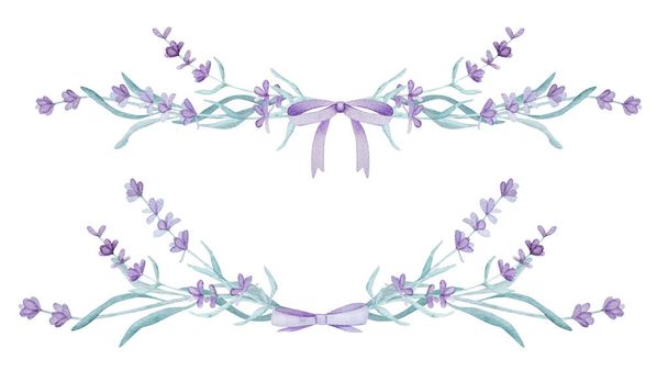 Beautiful lavender provence wreath with text watercolor illustration for postcard design. Tender purple flower ornament aquarelle drawing - 写真・画像