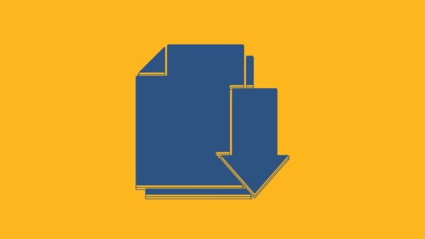 Modrý dokument s ikonou stažení izolované na oranžovém pozadí. Symbol dokumentu souboru. Grafická animace pohybu videa 4K. - Záběry, video