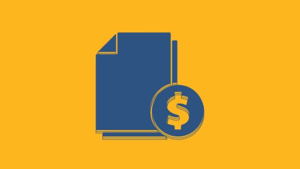 Blaues Finanzdokument auf orangefarbenem Hintergrund. Papierdokument mit Dollarmünze für Rechnung oder Rechnung. 4K Video Motion Grafik Animation. - Filmmaterial, Video