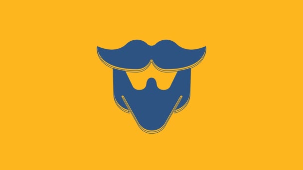 Blue Mustache and beard icon isolated on orange background. Barbershop symbol. Facial hair style. 4K Video motion graphic animation. - Video