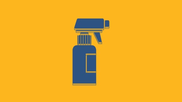 Botella aerosol pistola peluquería azul con icono de agua aislado sobre fondo naranja. Animación gráfica de vídeo 4K. - Metraje, vídeo