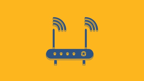 Kék Router és wi-fi jel szimbólum ikon elszigetelt narancssárga alapon. Vezeték nélküli ethernet modem router. Számítógépes internet. 4K Videó mozgás grafikus animáció. - Felvétel, videó