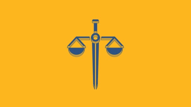 Blue Scales of justice icon isolated on orange background. Court of law symbol. Balance scale sign. 4K Video motion graphic animation. - Video, Çekim