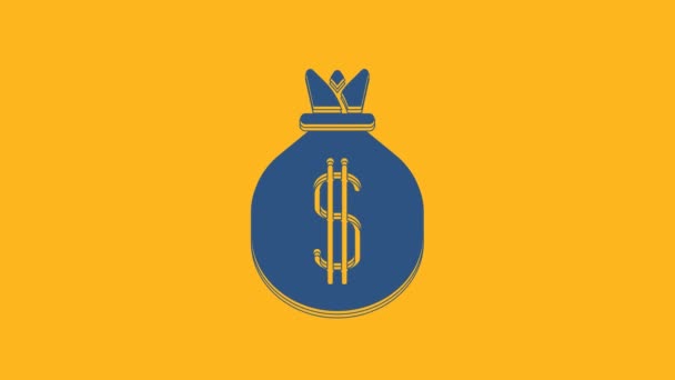 Blue Money bag icon isolated on orange background. Dollar or USD symbol. Cash Banking currency sign. 4K Video motion graphic animation. - Footage, Video