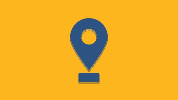 Blue Map pin icon isolated on orange background. Navigation, pointer, location, map, gps, direction, place, compass, search concept. 4K Video motion graphic animation. - Video, Çekim