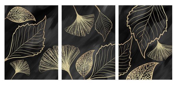 3d golden tree ginko leaves in classic black background. wall canvas frame home decor. - Photo, Image