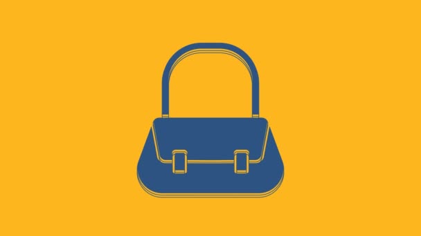 Blue Handbag icon isolated on orange background. Female handbag sign. Glamour casual baggage symbol. 4K Video motion graphic animation. - Imágenes, Vídeo