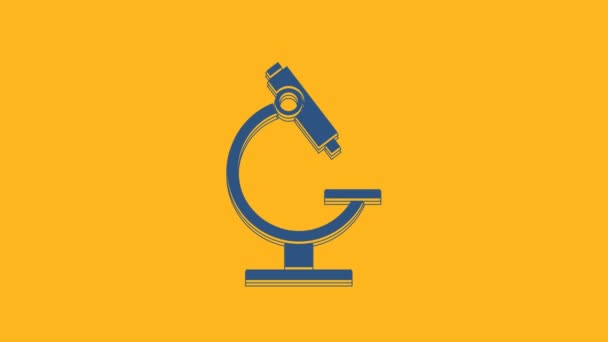Blue Microscope icon isolated on orange background. Chemistry, pharmaceutical instrument, microbiology magnifying tool. 4K Video motion graphic animation. - Filmagem, Vídeo