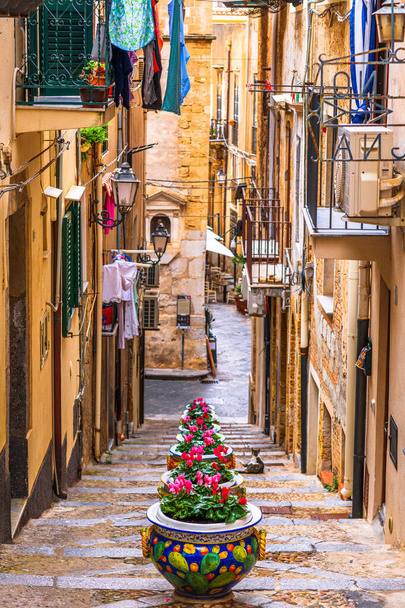 Cefalu, Szicília, Olaszország sikátorai cserepes virágokkal. - Fotó, kép