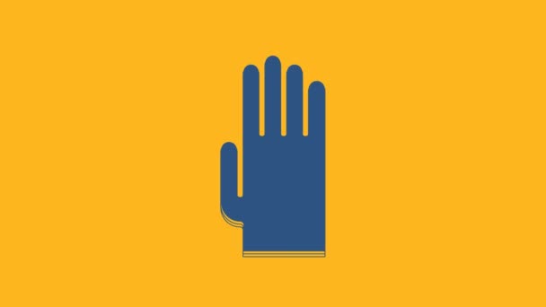Gants en caoutchouc bleu icône isolée sur fond orange. Signe de protection des mains en latex. Symbole d'équipement de nettoyage ménager. Animation graphique de mouvement vidéo 4K. - Séquence, vidéo
