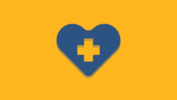 Coeur bleu avec une icône en croix isolée sur fond orange. Premiers secours. Santé, médical et pharmacie signe. Animation graphique de mouvement vidéo 4K. - Séquence, vidéo