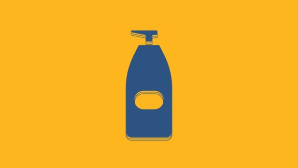 Folyékony antibakteriális szappan kék palackja, narancssárga alapon izolált adagoló ikonnal. Fertőtlenítő. Fertőtlenítés, higiénia, bőrápolás. 4K Videó mozgás grafikus animáció. - Felvétel, videó