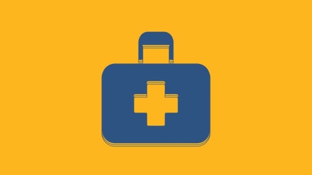 Иконка синей аптечки на оранжевом фоне. Медицинская коробка с крестом. Медицинское оборудование для чрезвычайных ситуаций. Концепция здравоохранения. Видеографическая анимация 4K. - Кадры, видео