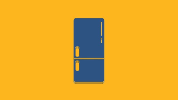 Ícone de geladeira azul isolado no fundo laranja. Frigorífico congelador geladeira. Tecnologia doméstica e electrodomésticos. Animação gráfica em movimento de vídeo 4K. - Filmagem, Vídeo