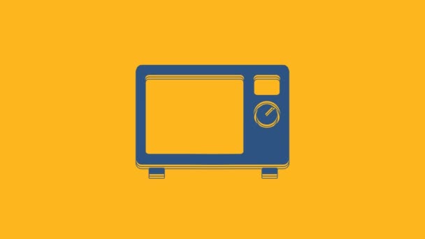 Kék mikrohullámú sütő ikon elszigetelt narancs alapon. Háztartási gépek ikonja. 4K Videó mozgás grafikus animáció. - Felvétel, videó