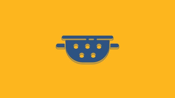 Μπλε κουζίνα σουρωτήρι εικονίδιο απομονώνονται σε πορτοκαλί φόντο. Μαγειρικό σκεύος. Σημάδι για μαχαιροπίρουνα. 4K Γραφική κίνηση κίνησης βίντεο. - Πλάνα, βίντεο