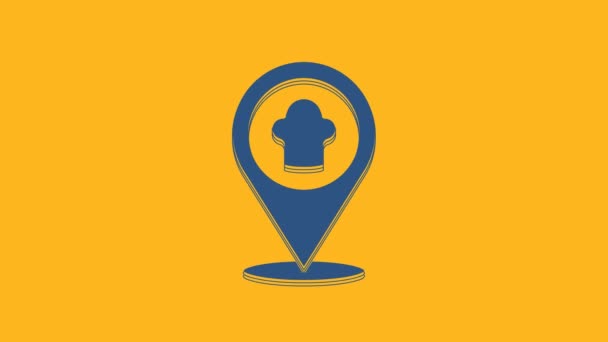 Sombrero Chef Azul con icono de ubicación aislado sobre fondo naranja. Símbolo de cocina. Sombrero de cocina. Animación gráfica de vídeo 4K. - Imágenes, Vídeo