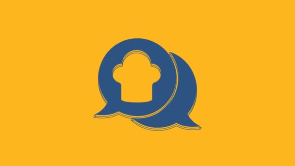 Sombrero Chef Azul en el icono de la burbuja del habla aislado sobre fondo naranja. Símbolo de cocina. Sombrero de cocina. Animación gráfica de vídeo 4K. - Metraje, vídeo