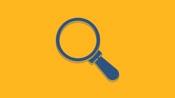 Blue Magnifying glass icon isolated on orange background. Search, focus, zoom, business symbol. 4K Video motion graphic animation. - Séquence, vidéo