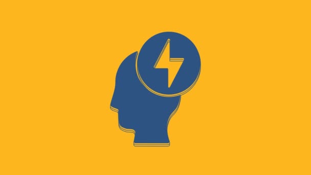 Голубая человеческая голова и электрический символ, выделенный на оранжевом фоне. Видеографическая анимация 4K. - Кадры, видео