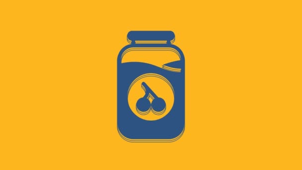 Marmellata di ciliegie blu icona del vaso isolato su sfondo arancione. Animazione grafica 4K Video motion. - Filmati, video