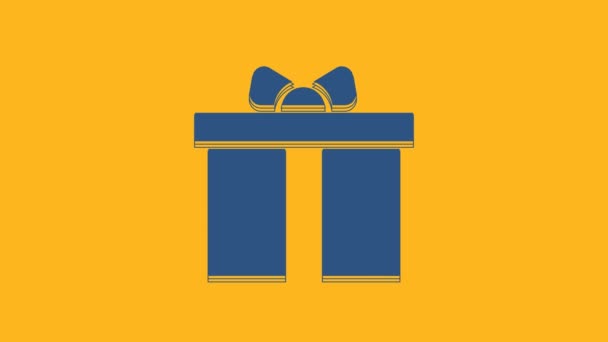 Blue Gift box icoon geïsoleerd op oranje achtergrond. Gefeliciteerd met je verjaardag. 4K Video motion grafische animatie. - Video