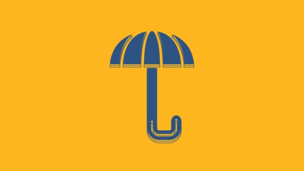 Blue Classic elegante geopende paraplu pictogram geïsoleerd op oranje achtergrond. Regenbeschermingssymbool. 4K Video motion grafische animatie. - Video