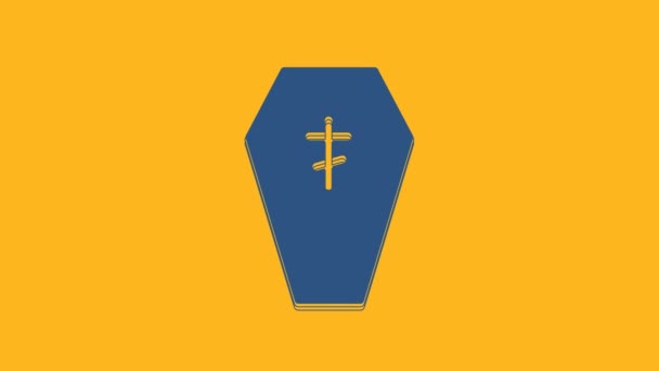 Coffin azul con icono de cruz cristiana aislado sobre fondo naranja. Feliz fiesta de Halloween. Animación gráfica de vídeo 4K. - Imágenes, Vídeo