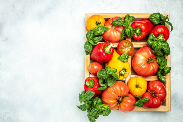 frische Tomaten, Paprika und Basilikum auf weißem Tisch. Gesunde Ernährung. Gartenarbeit. Platz für Text, Draufsicht. - Foto, Bild