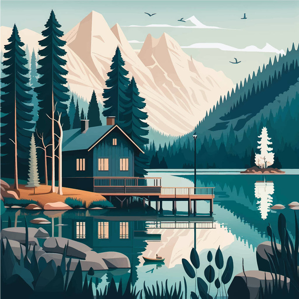 Serene Mountain Lake Cabin inmitten üppiger Wälder und majestätischer Gipfel: Flache Vektorillustration mit Social Media Space - Vektor, Bild