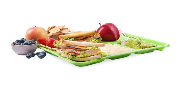 Serving tray of healthy food isolated on white. School lunch - Fotoğraf, Görsel