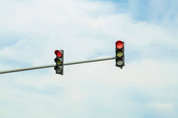 Overhead traffic lights in city. Road rules - Foto, Imagem