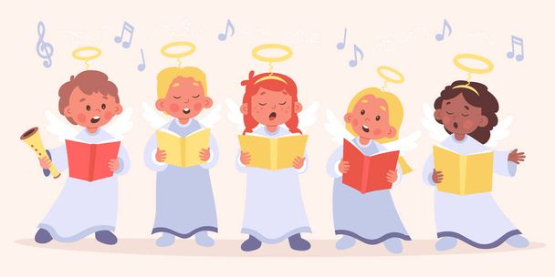 Choir of angels children flat icons set. Cute kids with nimbus singing songs. Entertainment. Singers with book and musical instrument. COlor isolated illustration - Vektor, kép