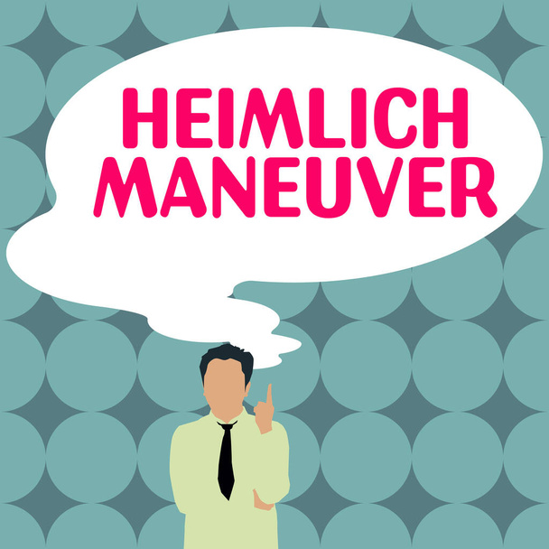 Handwriting text Heimlich Maneuver, Business overview application of upward pressure in case of choking - Photo, Image